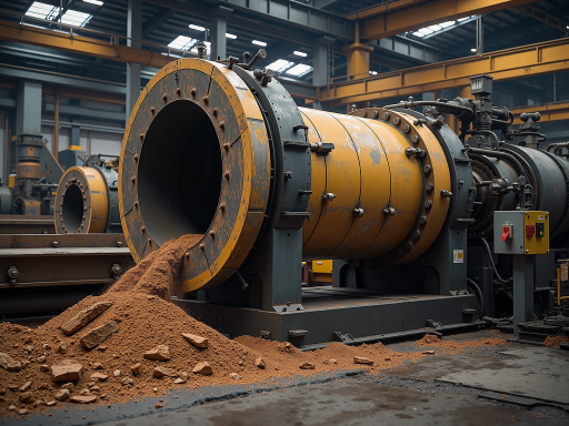 静电除尘器设备，大型圆柱形结构，内部电极清晰可见，设备体积庞大